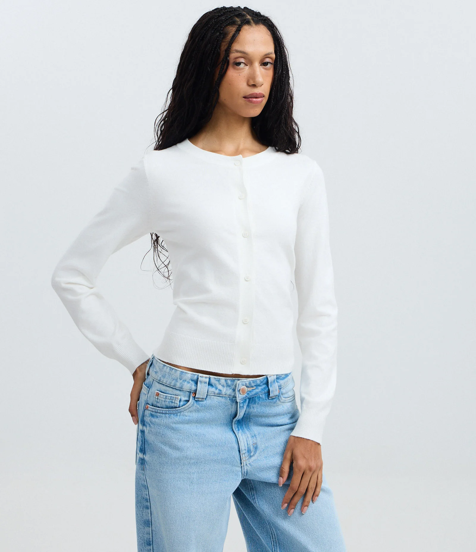 Cardigan em Viscose em Efeito Tricô com Botões Branco